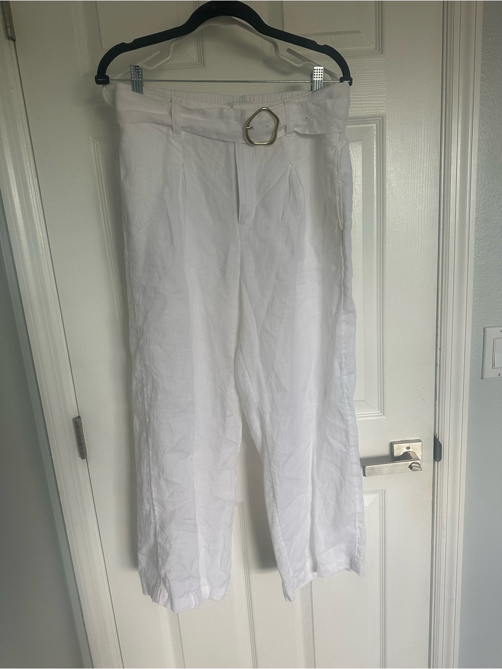 White Linen-Blend Trousers with Belt
